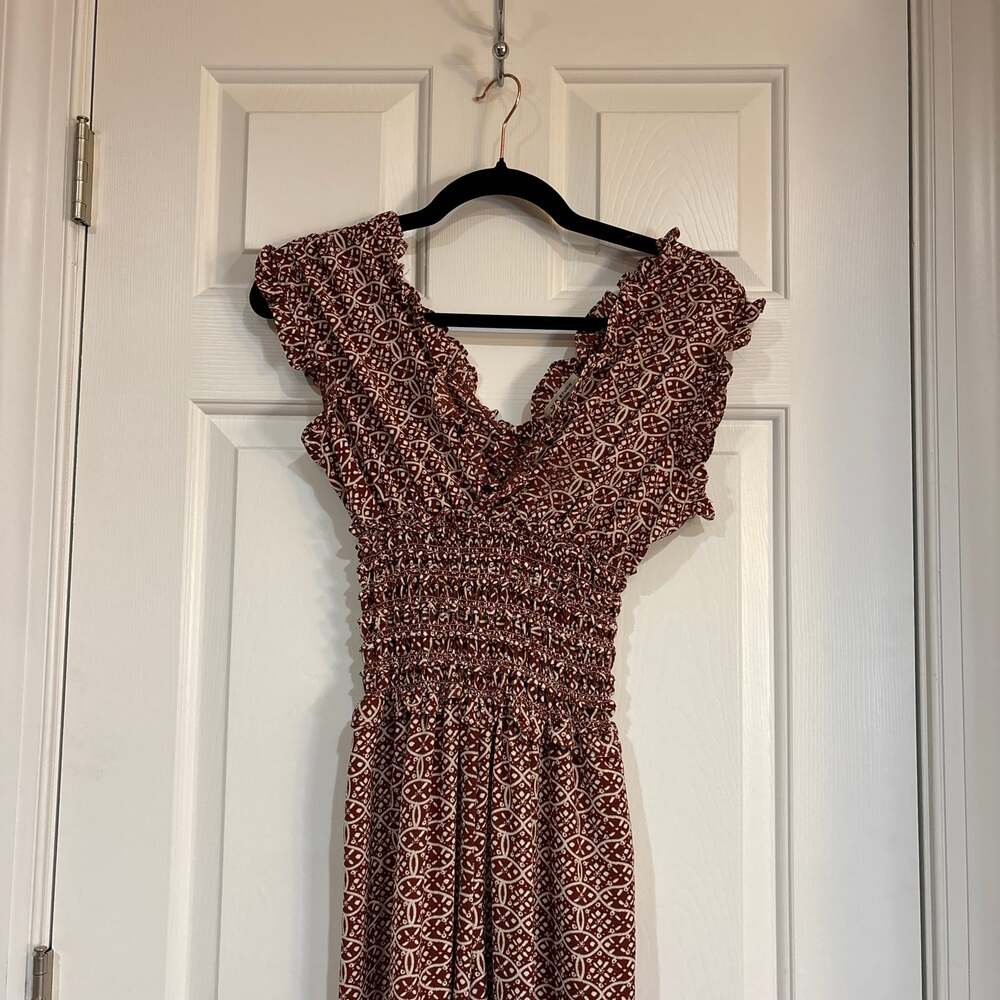 Max Studio Terra Cotta Boho Daisy Smocked Waist Wide Leg Jumpsuit Small - Picture 2 of 7